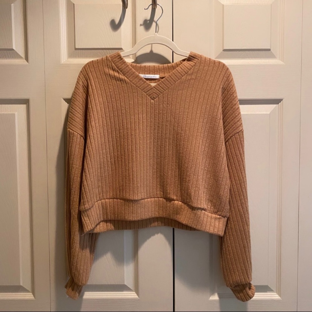 Tan Ribbed V Neck Cropped Sweater Long Sleeve Oversized Pullover